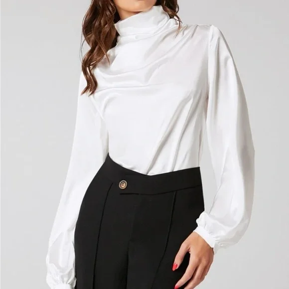 White Stand Mock Neck Satin Blouse Top Sz S, M, L, & XL New - Picture 6 of 6